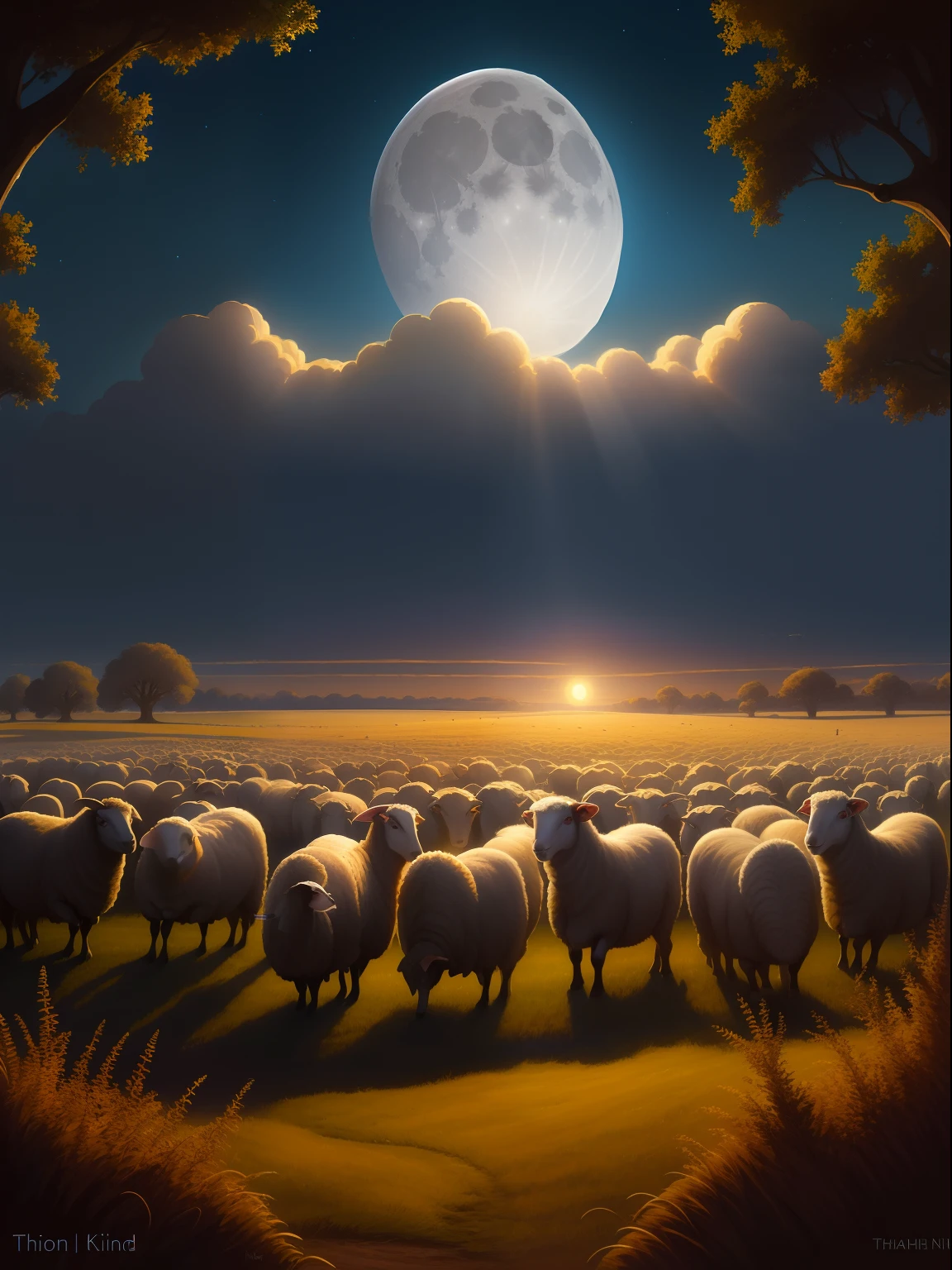 under a full moon，There were many sheep standing in the field, wlop and RHADS, author：RHADS, rhads and thomas kinkade, RHADS!, RHADS!!!, Inspired by RHADS, rob mcnaughton, marc adamus, rhads and lois van baarle, concept-art | RHADS, Popular on the art station "HD，8k