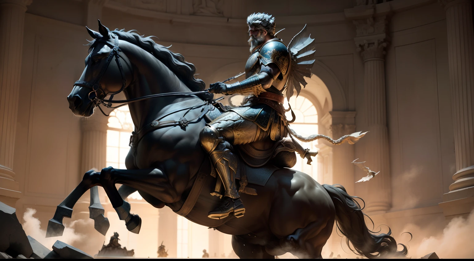 (best quality,highres,masterpiece:1.2),detailed sculpture of Marcus Aurelius riding calmly amidst the chaos of battle,marble material,dramatic lighting,breathtakingly detailed armor,dynamic pose,body language conveying strength and resilience,expressive face,weathered features,gritty texture on the sculpture's surface,vivid colors highlighting the intensity of the battle,realistic rendering,awe-inspiring composition,impressive attention to anatomical details,contrasting light and shadow,sculpture emerging from a chaotic battlefield,emotional depth,heroic atmosphere,meticulous craftsmanship,grand scale,imposing presence,realistic portrayal of the horse's musculature,detailed texture on the horse's mane and tail,a sense of movement and energy,evoking the spirit of ancient Roman warriors,showcasing the stoicism and leadership of Marcus Aurelius.