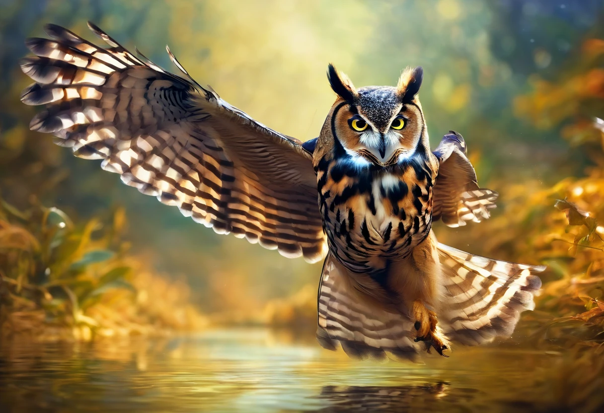 The owl caught a mouse,Fly over the water,inverted image,Sharp focus,Bokeh,depth of fields,Works of masters,super-fine,Hyper-realistic,8K,Best picture quality,Detailed description