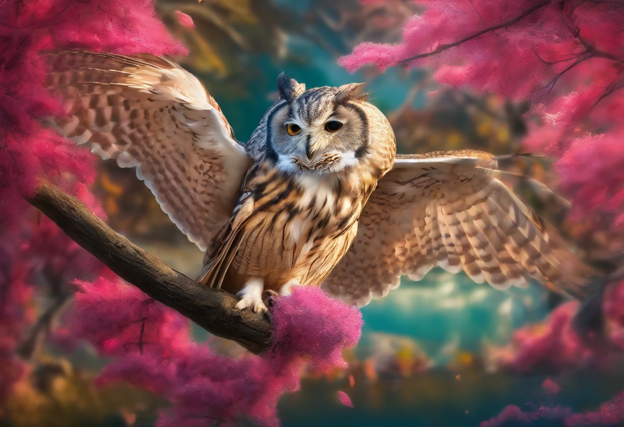 The owl caught a mouse,Fly over the water,inverted image,Sharp focus,Bokeh,depth of fields,Works of masters,super-fine,Hyper-realistic,8K,Best picture quality,Detailed description