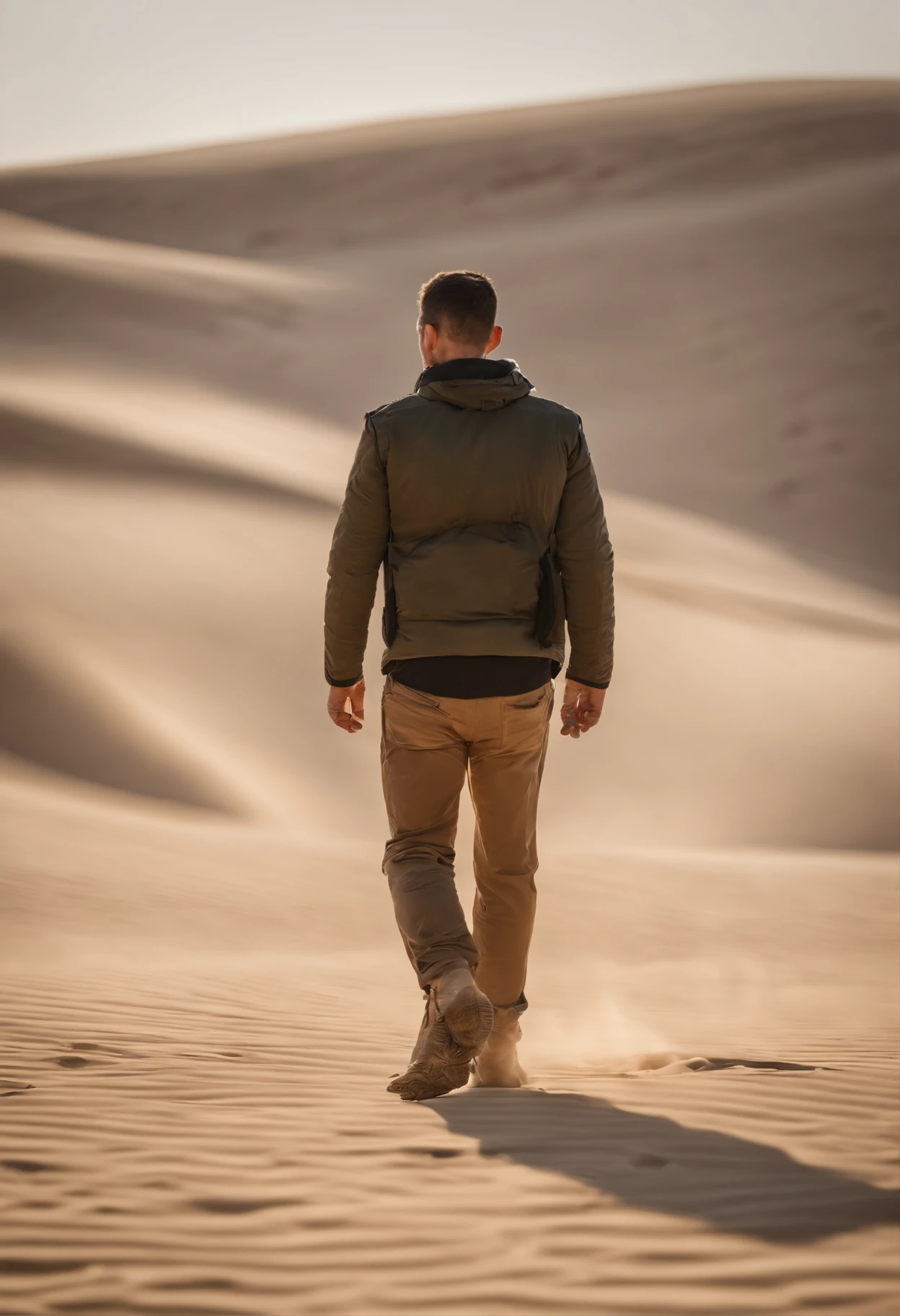 Man walking in the desert, back view, very short hair, dubai en fond, 50m from the camera, high contrast, couleurs chaudes, ultra realist, highly detailed, complicated, mise au point nette, profondeur de champ, Prise de vue moyenne, Hdr, 8k, (hyperrealism:1.2), (photoreallistic:1.2), prise avec le Canon EOS 5D Mark IV