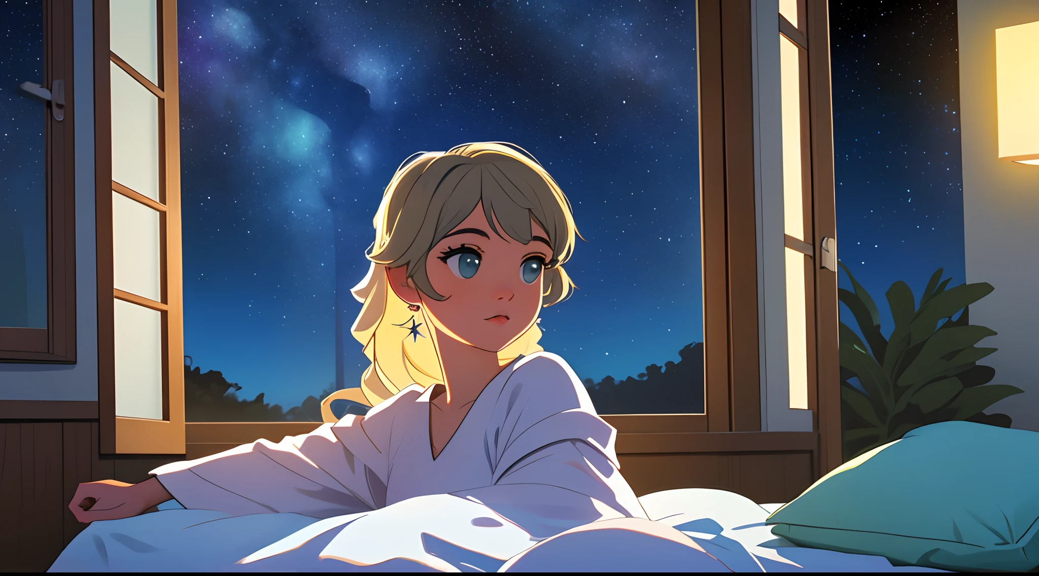Pessoa sentada na cama, Looking out the window at a beautiful starry sky, lua linda e brilhante, quarto iluminado pela luz do luar