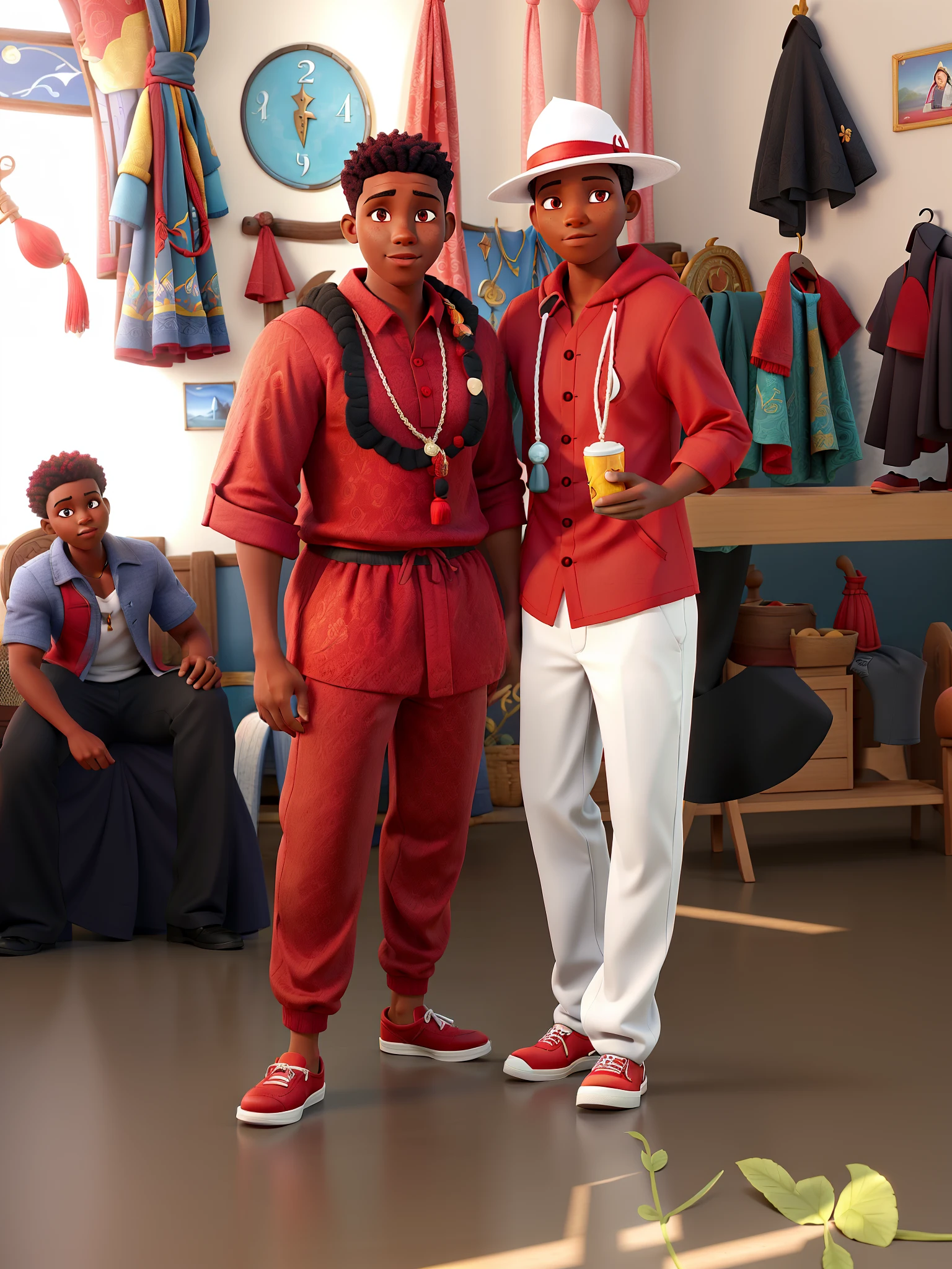 Two black men dressed in macumba clothes, one in pants, vermelha e blusa, vermelha e chapel, red and one black and white drawstring and the other of trousers, branca blusa, vermelha e chapel, branco com uma tira vermelha estilo disney pixar em alta qualidade melhor qualidade