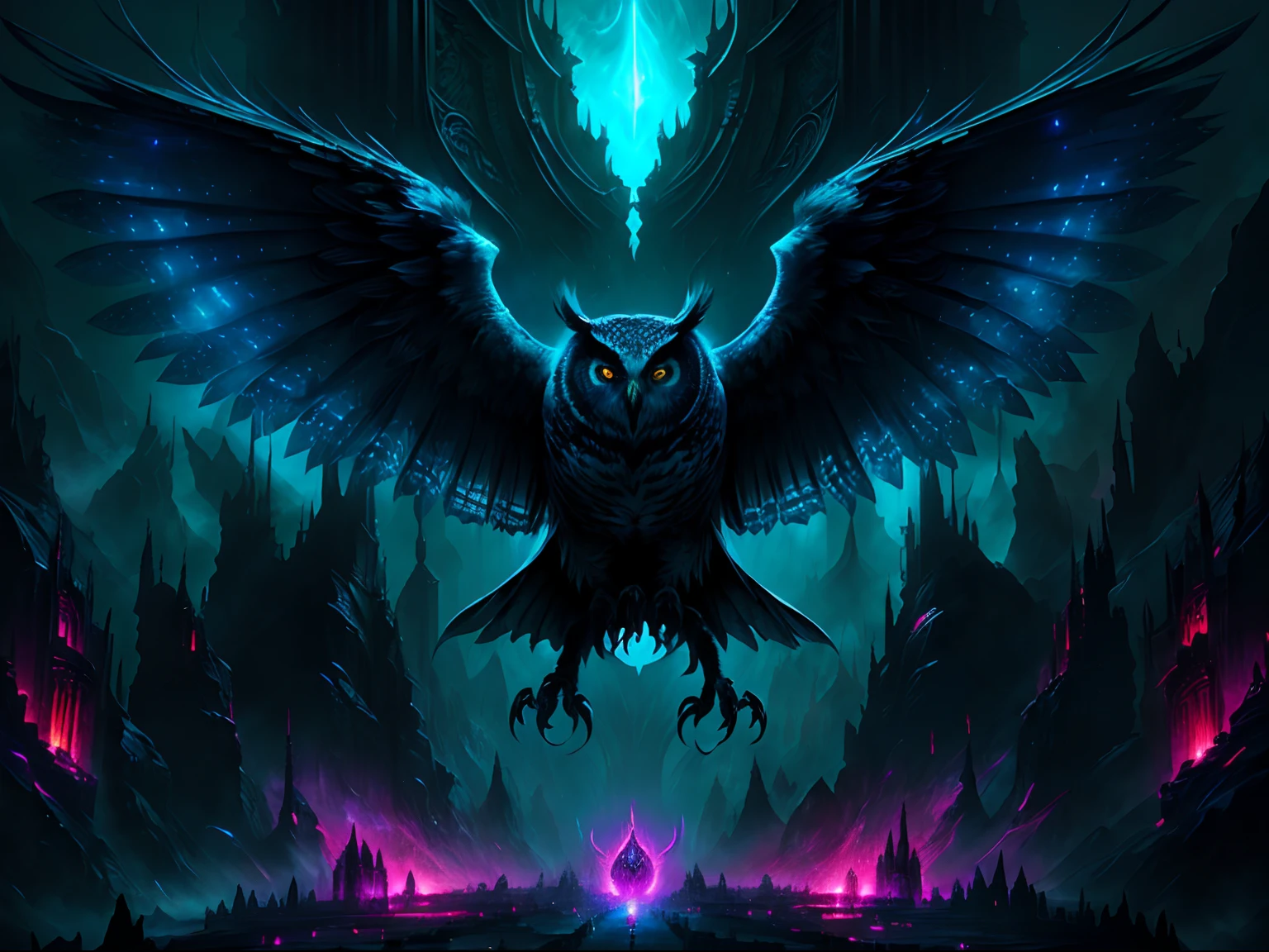 The owl stands in front of the Dark City,Close-up of owl,The face and wings glow, Beautiful and elegant owl, Symmetrical epic fantasy art, dan mumford tom bagshaw, an ominous fantasy illustration, Diablo digital concept art, The head is an owl, Fuchsia feathers, Epic fantasy art style, Detailed digital 2D fantasy art, Epic fantasy art style HD, 8K fantasy art,