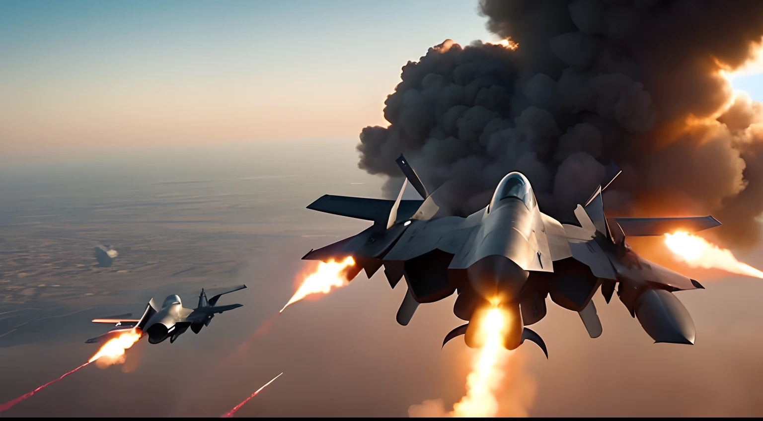 Film still action movie, F35 in an aerial combat firing missiles at enemy’s fighter jets and explosions ocurring, on the middle east, high angle, golden hour, dynamic movements, low saturated color, taked by Arri Alexa 65, directed by Michael Bay, style raw