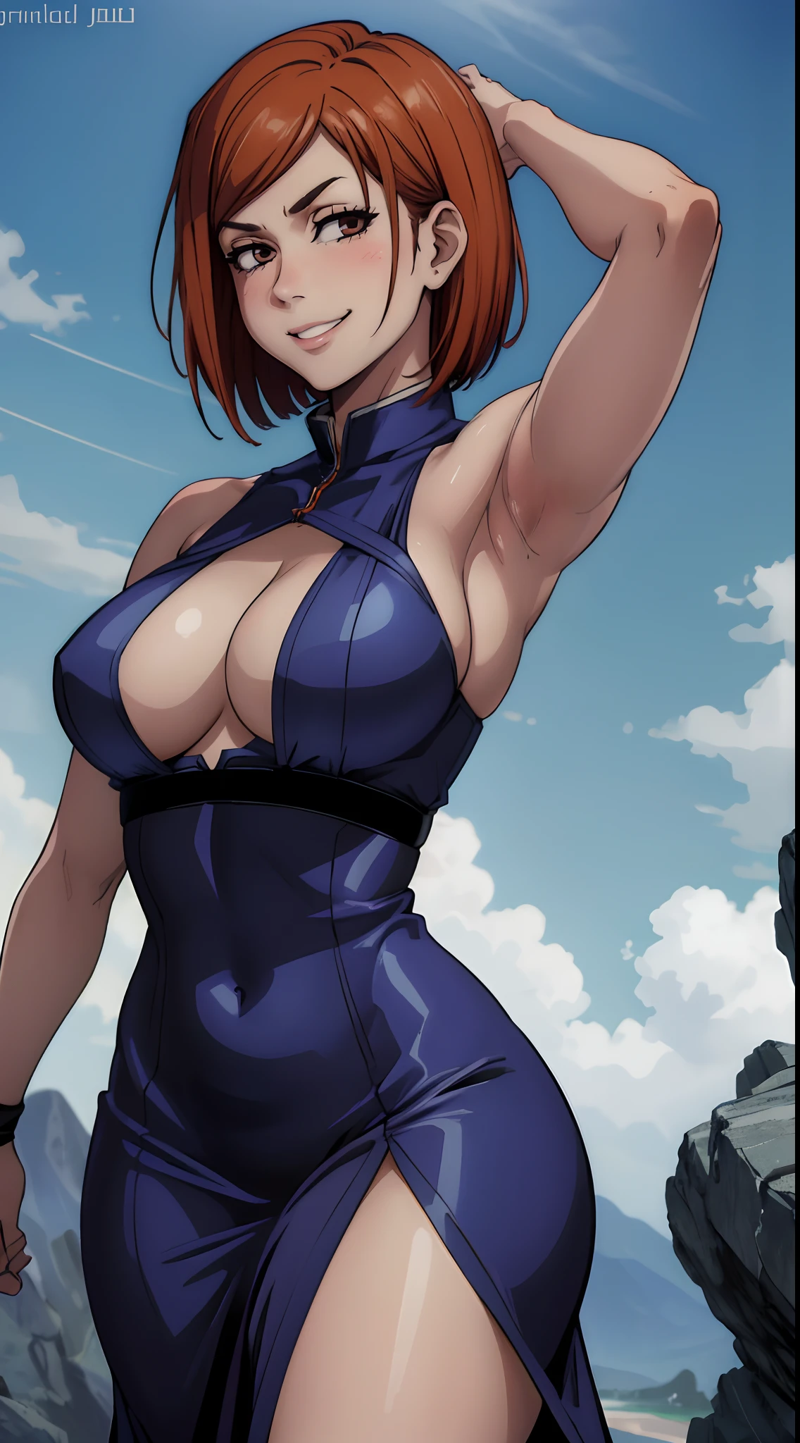 (best quality:1.3), (4k quality), Nobara Kugisaki by jujutsu no kaisen, ((Detailed face)),((smile)), ((curvy body)), (big breasts), sexy, ((cut hair )), ((drees sexy)), ((sky blue)), ((showing armpits))