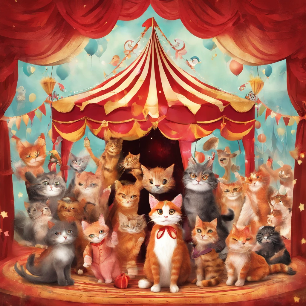 Cat Circus Troupe　Fantastic atmosphere　Picture book illustrations　Overall, the color is strong red