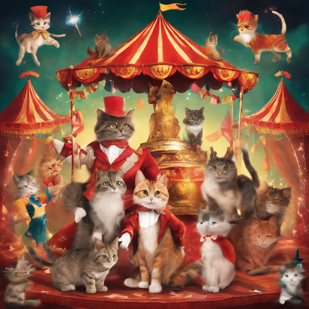 Cat Circus Troupe　Fantastic atmosphere　Picture book illustrations　Overall, the color is strong red