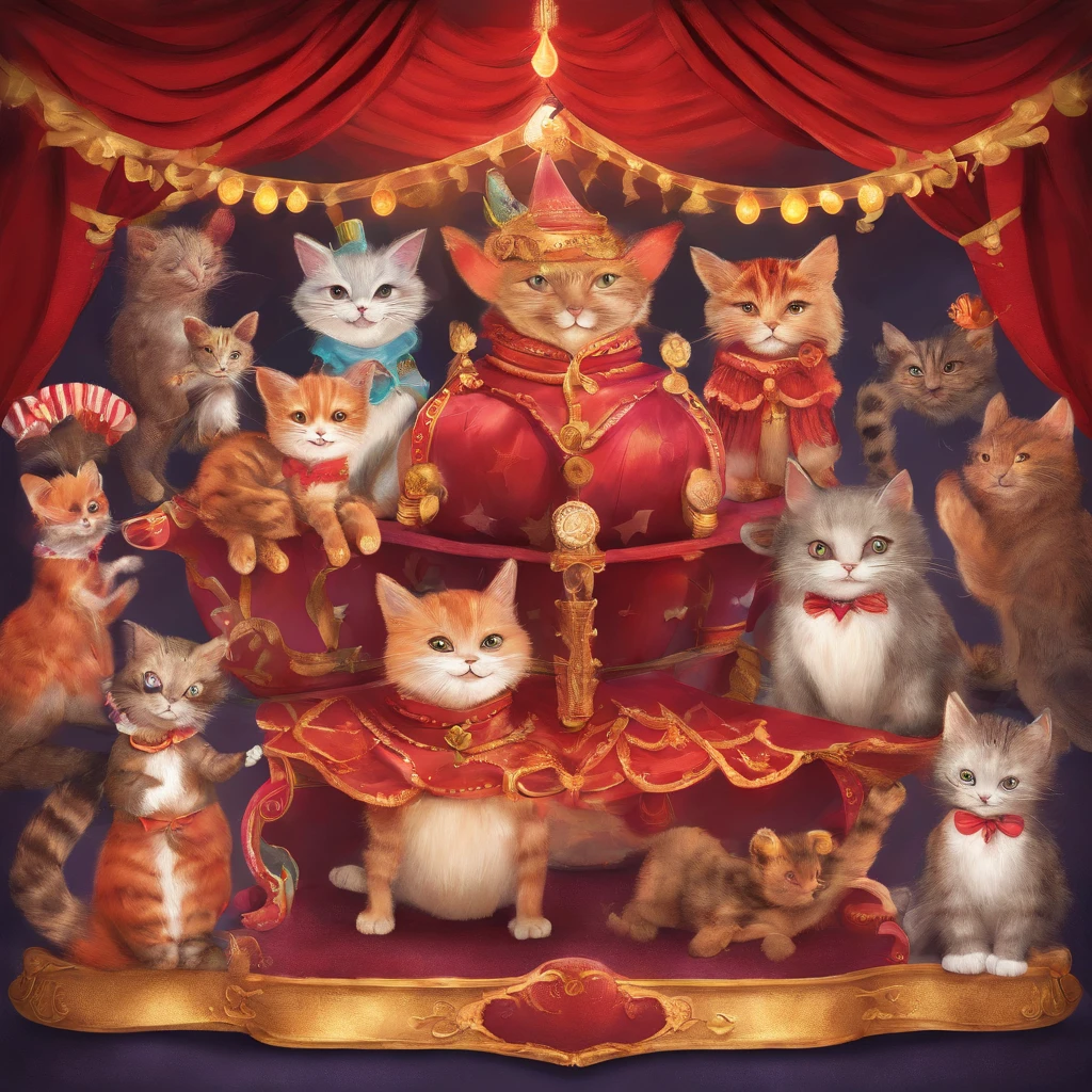 Cat Circus Troupe　Fantastic atmosphere　Picture book illustrations　Overall, the color is strong red