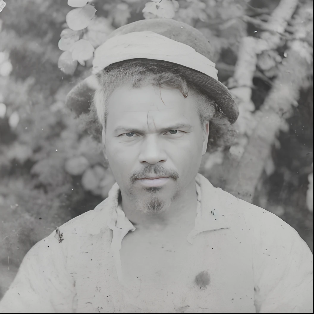 Black man with hat on head and beard, photo from the 1850s of a farmer, foto granulada de um homem feio, Foto de 1800 de um deformado, uma foto de um homem desgrenhado, collodion photograph, Mark Twain como Huckleberry Finn, aboriginal capirote