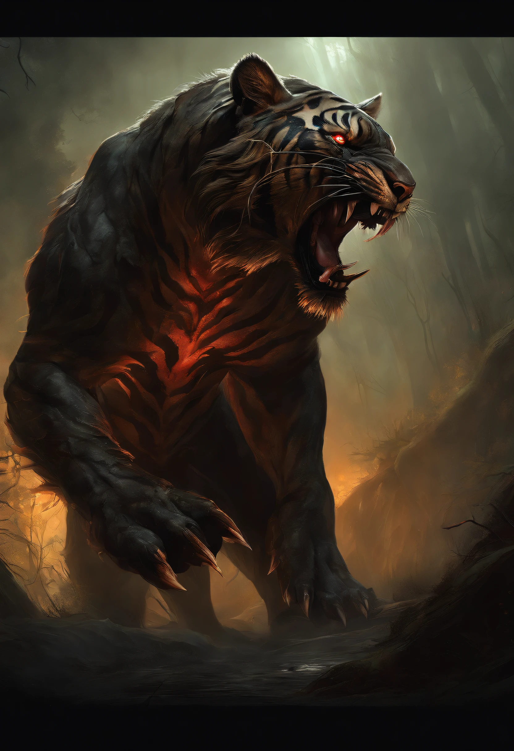A painting of a humanoid tiger creature with a bloodied fangs, carnage, Sci - Horror Art of Fiction, Science fiction horror artwork, inspired by Aleksi Briclot, tiger, de carnage, Horror fantasy art, par Aleksi Briclot, Horror concept art, venin, Art fantastique et horreur, Detailed illustration of 4K horror, beast creature, Dark Horror Art