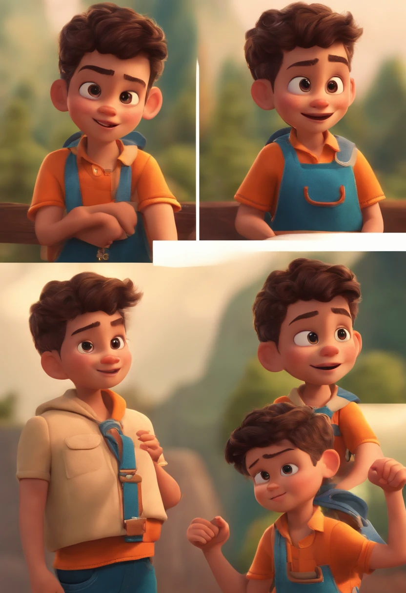 Image of a boy for a story in a YouTube video in Pixar format, He's the little allabester, He's the class leader, He's outgoing, Playful and gets up for a lot of things, cabelo curto