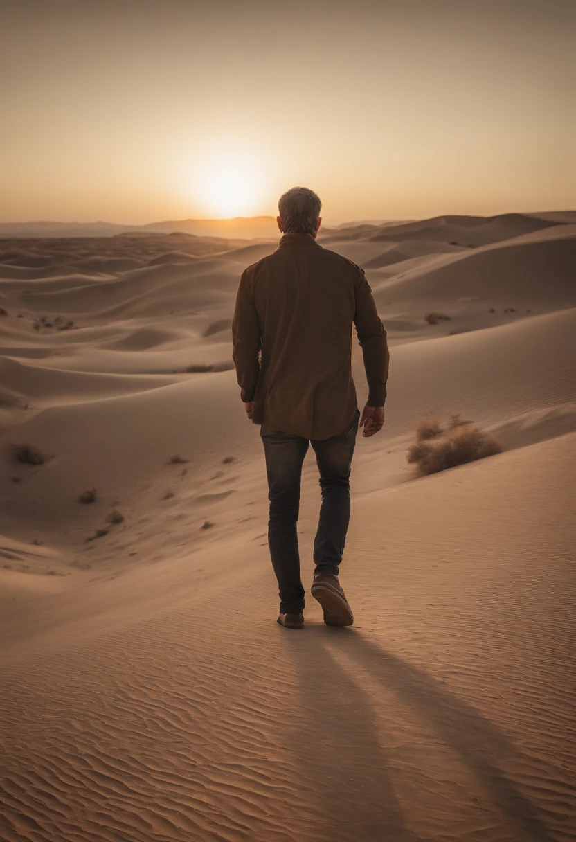 Man walking in the desert, back view, very short hair, dubai en fond, 50m from the camera, high contrast, couleurs chaudes, ultra realist, highly detailed, complicated, mise au point nette, profondeur de champ, Prise de vue moyenne, Hdr, 8k, (hyperrealism:1.2), (photoreallistic:1.2), prise avec un iphone 12