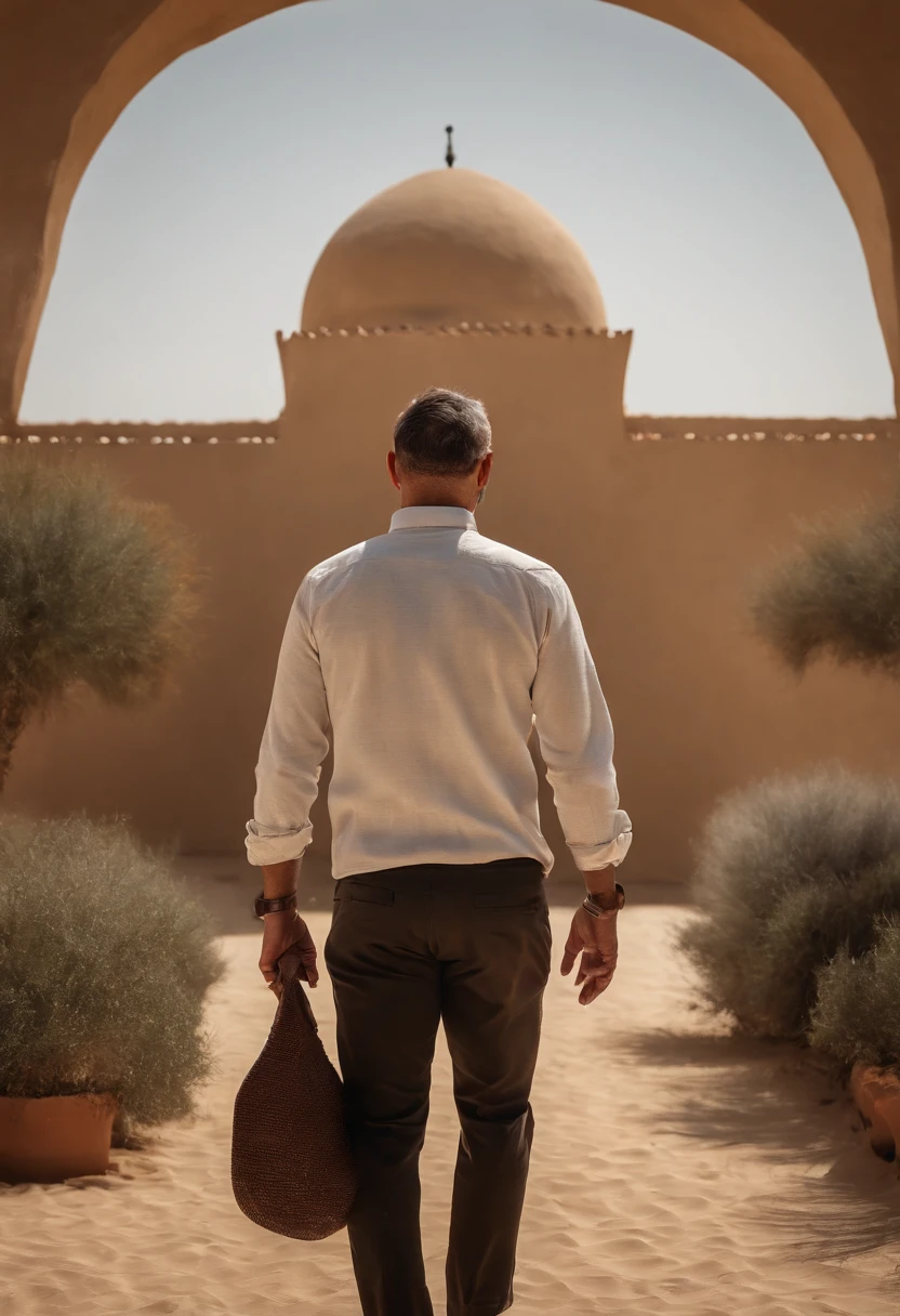 Man walking in the desert, back view, very short hair, dubai en fond, 50m from the camera, high contrast, couleurs chaudes, ultra realist, highly detailed, complicated, mise au point nette, profondeur de champ, Prise de vue moyenne, Hdr, 8k, (hyperrealism:1.2), (photoreallistic:1.2), prise avec un iphone 12