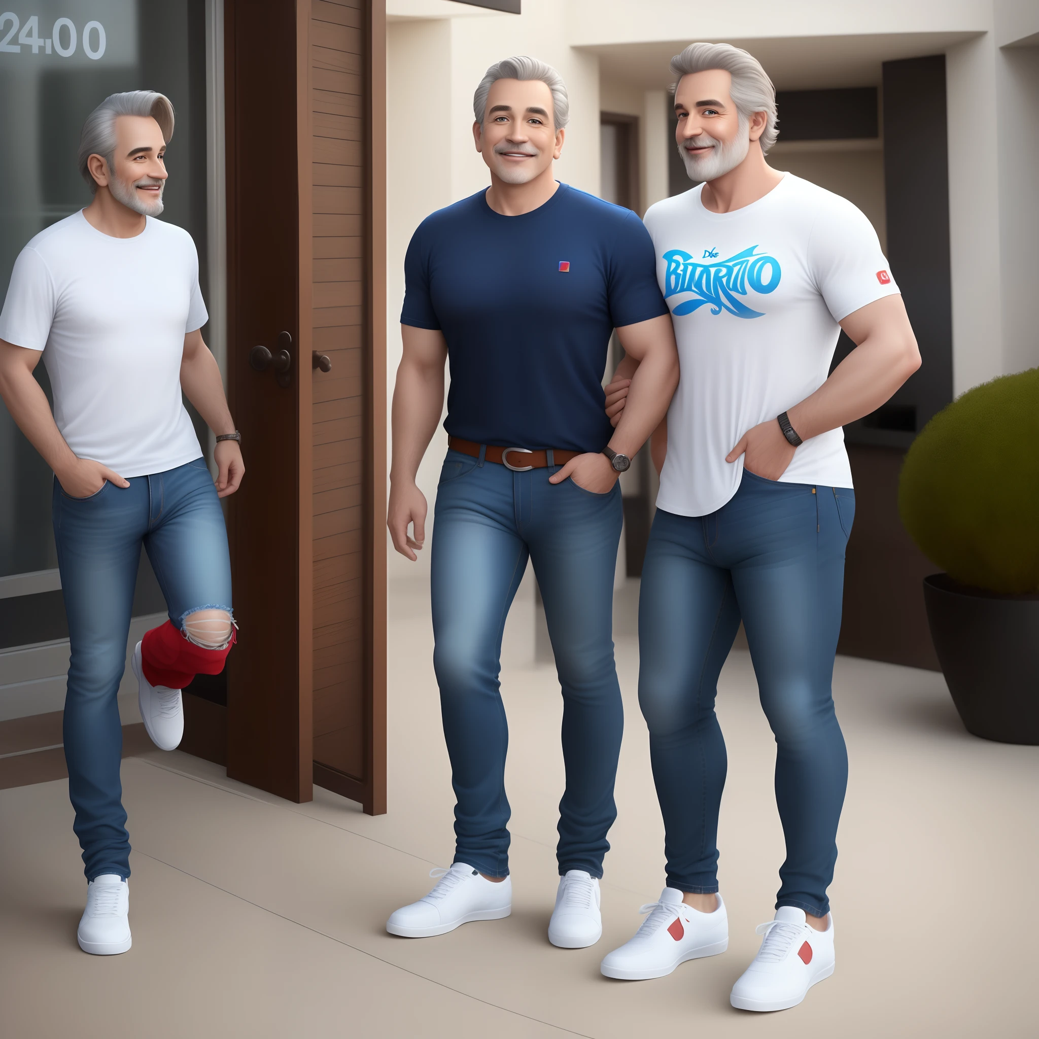 Um homem de 40 anos com cabelo grisalho e liso, camisa branca, Denim Jeans Pants, tenis branco, estilo disney pixar