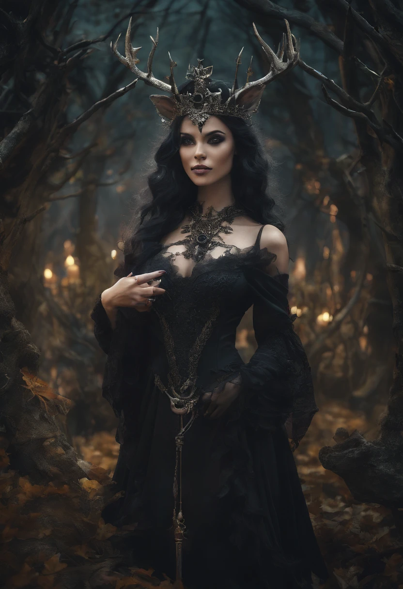 Best quality, ultra-high resolution, 4K detailed CG, masterpiece, tan-skinned, black-haired witch. small bust She wears a black dress and a crown of skulls. He has a deer skull staff. The witch is standing in an enchanted forest. Gothic art, horror, evil witch.