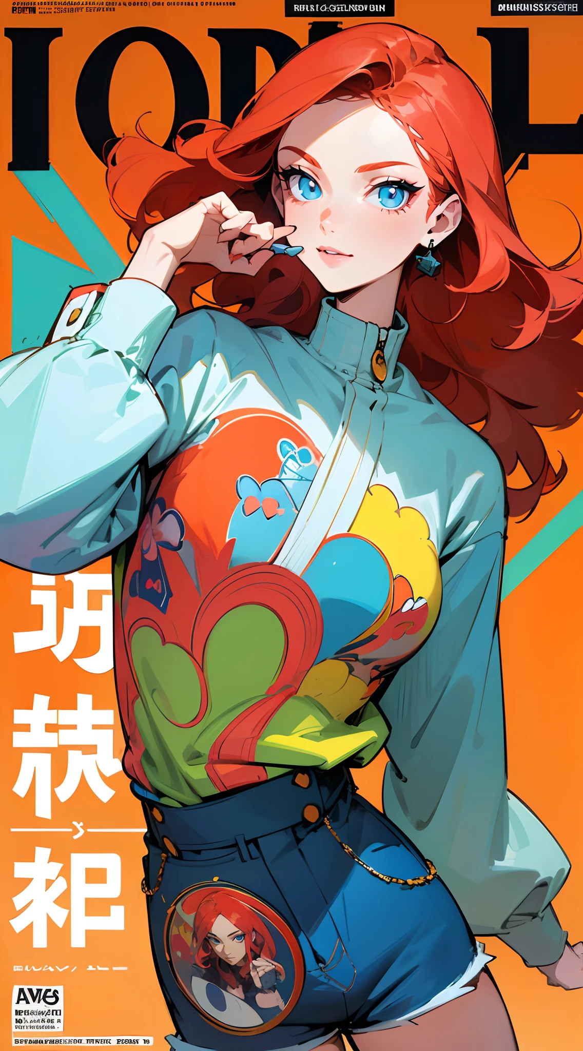 A beautiful mature woman , red hair , long hair , wavy hair , blue eyes eyes , age 40,
Solo, sfw, cap, shorts, jacket, (Magazine cover-style illustration of a fashionable character in vibrant outfit posing in front of a colorful and dynamic background. They have a confident expression and is striking a pose. The text on the cover should be bold and attention-grabbing, with the title of the magazine and a catchy headline. The overall style should be modern and trendy, with a focus on fashion and lifestyle), wallpaper, crowds, fashion, contrapposto, model, cool
(masterpiece, best quality )detailed, 1Character , pastel washed out colors , cell shade , soft, muted shades ,gentle colors ,
