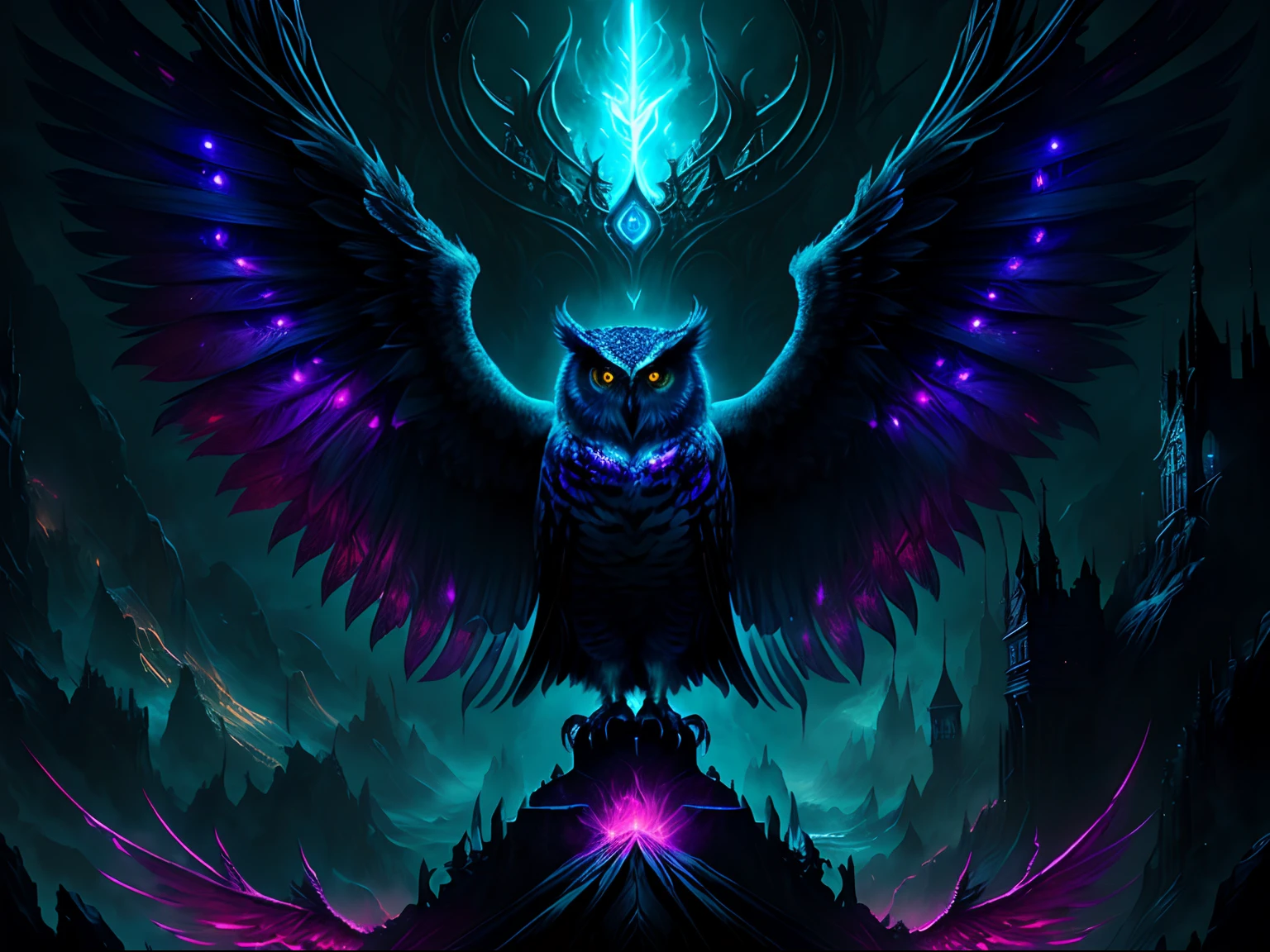 The owl stands in front of the Dark City,Close-up of owl,The face and wings glow, Beautiful and elegant owl, Symmetrical epic fantasy art, dan mumford tom bagshaw, an ominous fantasy illustration, Diablo digital concept art, The head is an owl, Fuchsia feathers, Epic fantasy art style, Detailed digital 2D fantasy art, Epic fantasy art style HD, 8K fantasy art,