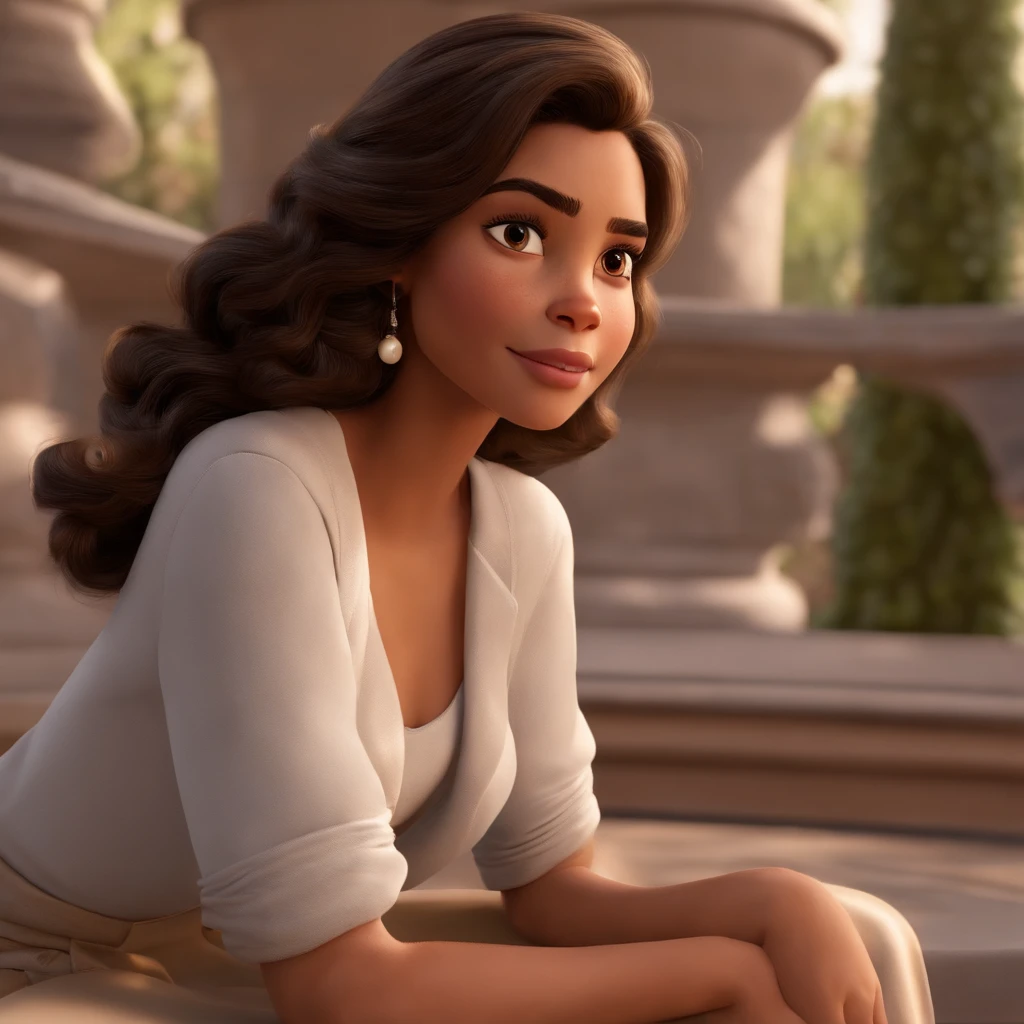 Imagem estilo Disney pixar, uma menina de 15 anos, pele clara, cabelo bem curto preto cacheado, sorriso bonito, olhos castanhos, orelha pequena com um pequeno brinco de argola prateado, usando blusa preta manga curta, Beige cargo pants with side pockets, white sneakers, num lindo jardim, for a story in a YouTube video in Pixar format, she's Ana Beatriz