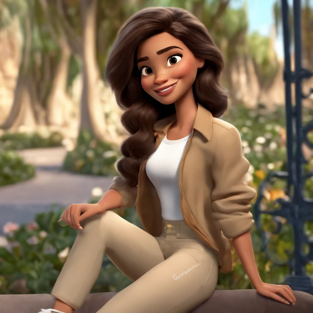 Imagem estilo Disney pixar, uma menina de 15 anos, pele clara, cabelo bem curto preto cacheado, sorriso bonito, olhos castanhos, orelha pequena com um pequeno brinco de argola prateado, usando blusa preta manga curta, Beige cargo pants with side pockets, white sneakers, num lindo jardim, for a story in a YouTube video in Pixar format, she's Ana Beatriz