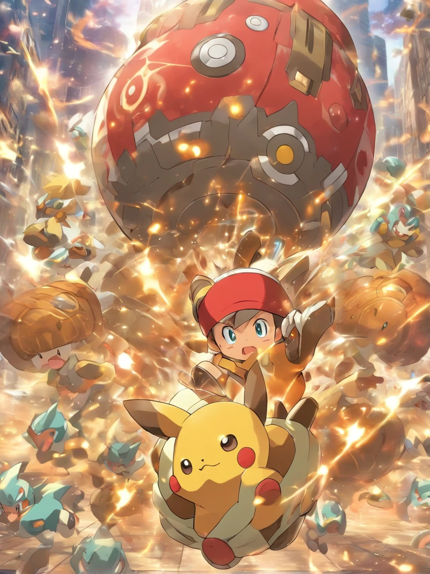 there is a Pokemon character with a red beanie that looks like Bread Bag, pokemon trainer, inspirado em Yugo de Wakfu, inspirado em Ash Ketchum, Akihiko Yoshida!, imagem de anime safebooru, Akiyuki Shinbou, Hidetaka Miyazaki, Yayoi Kasuma, prata, cabelo de introvertido, como um personagem de anime, biomechanical body, Primitive Tribe Accessories!, sozinho!!, (dinamic pose), ((Epic battle pose)), tecnologia mecha no corpo, Meio Ciborgue, vendaval, particuls!!, Radial distortion!!, bashful expression, pokemon style, Shōnen style, Mecha
