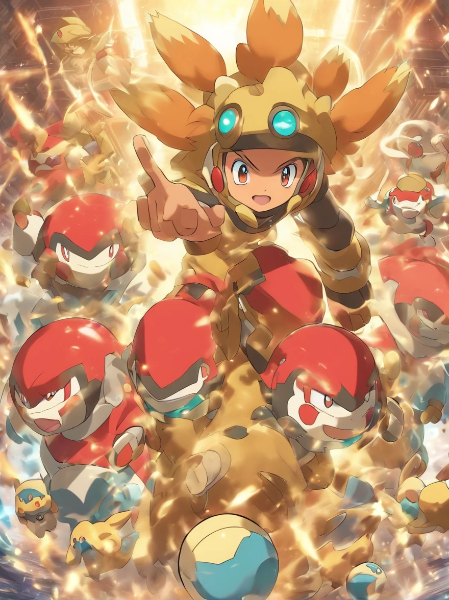there is a Pokemon character with a red beanie that looks like Bread Bag, pokemon trainer, inspirado em Yugo de Wakfu, inspirado em Ash Ketchum, Akihiko Yoshida!, imagem de anime safebooru, Akiyuki Shinbou, Hidetaka Miyazaki, Yayoi Kasuma, prata, cabelo de introvertido, como um personagem de anime, biomechanical body, Primitive Tribe Accessories!, sozinho!!, (dinamic pose), ((Epic battle pose)), tecnologia mecha no corpo, Meio Ciborgue, vendaval, particuls!!, Radial distortion!!, bashful expression, pokemon style, Shōnen style, Mecha