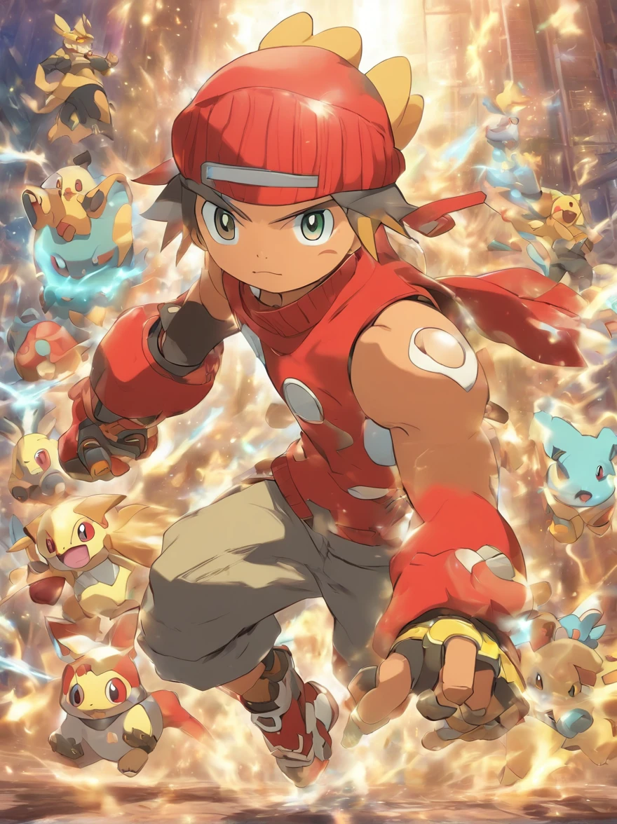 there is a Pokemon character with a red beanie that looks like Bread Bag, pokemon trainer, inspirado em Yugo de Wakfu, inspirado em Ash Ketchum, Akihiko Yoshida!, imagem de anime safebooru, Akiyuki Shinbou, Hidetaka Miyazaki, Yayoi Kasuma, prata, cabelo de introvertido, como um personagem de anime, biomechanical body, Primitive Tribe Accessories!, sozinho!!, (dinamic pose), ((Epic battle pose)), tecnologia mecha no corpo, Meio Ciborgue, vendaval, particuls!!, Radial distortion!!, bashful expression, pokemon style, Shōnen style, Mecha
