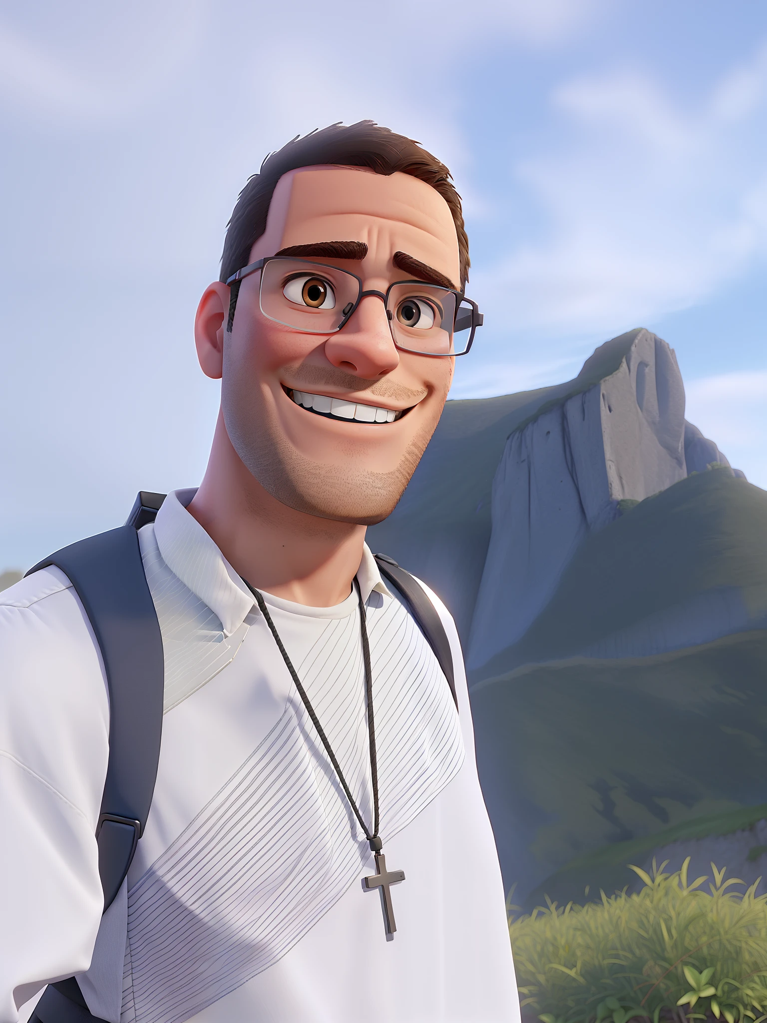 Man smiling, thin face, thin chin, thin, with thin-framed glasses, backpack on his back, a crucifix on his lanyard