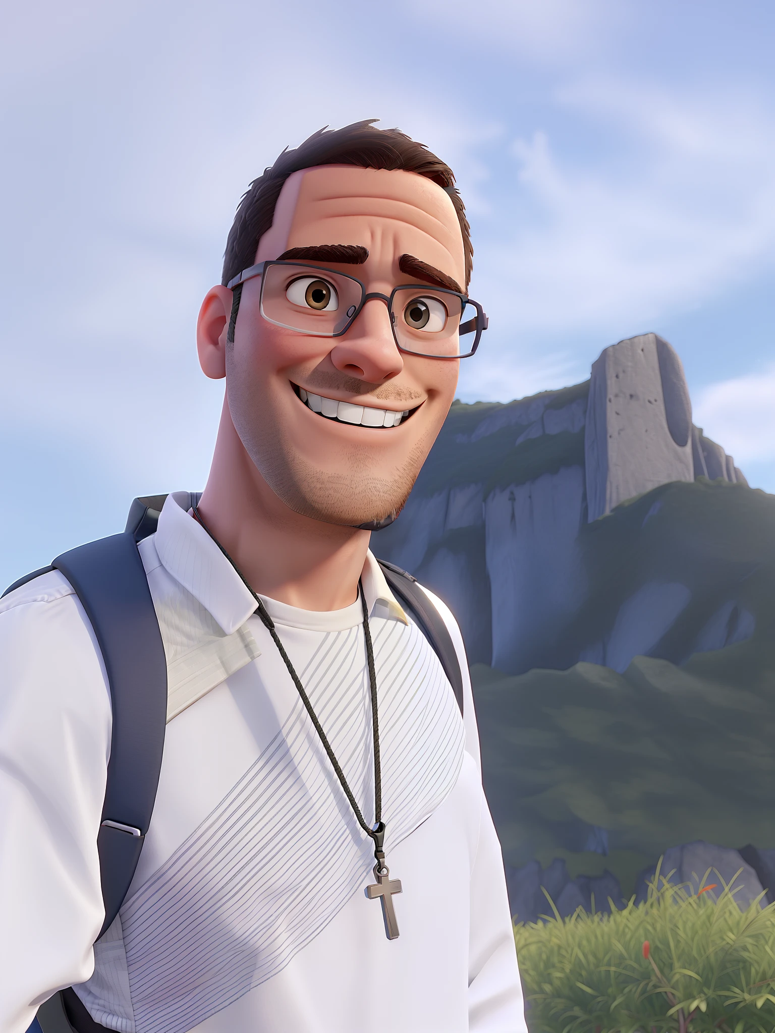 Man smiling, thin face, thin chin, thin, with thin-framed glasses, backpack on his back, a crucifix on his lanyard