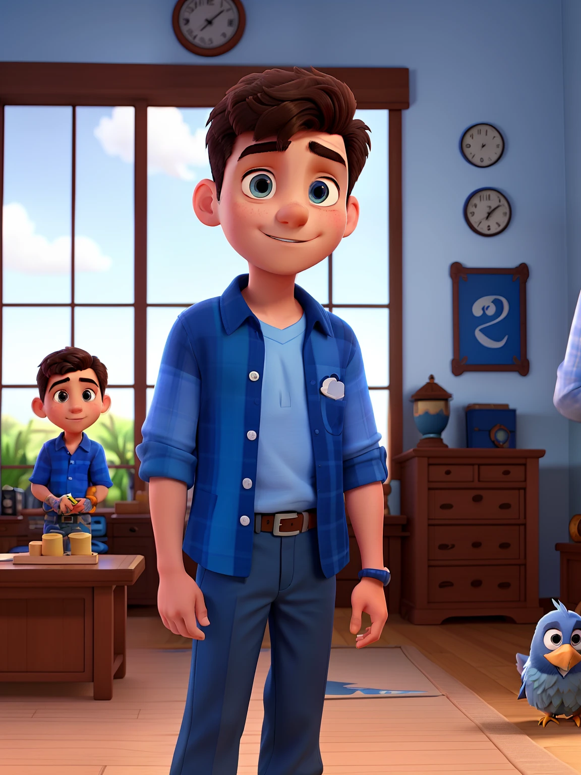 a boy in a blue shirt with a blue pen in his hand Moreno behind a mansion and his father in the back with a tattoo of a bird on the right, Disney pixar |