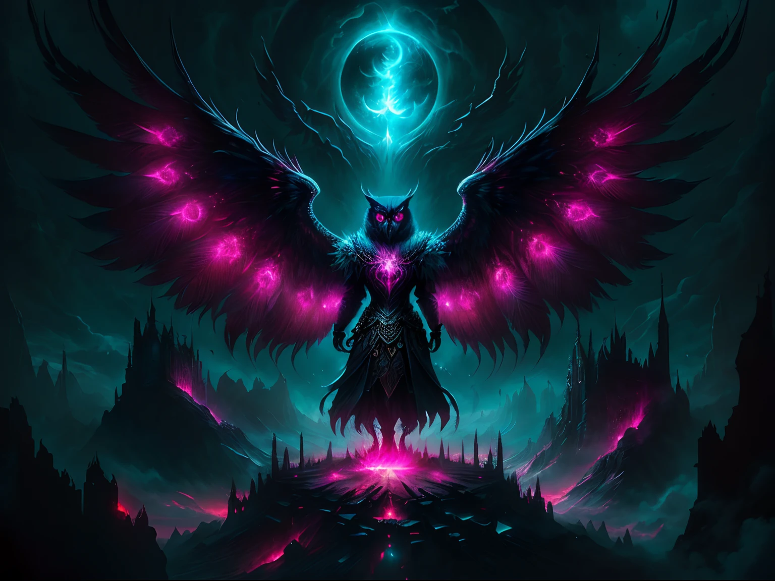 The owl stands in front of the Dark City,Close-up of owl，The face and wings glow, Beautiful and elegant owl, Symmetrical epic fantasy art, dan mumford tom bagshaw, an ominous fantasy illustration, Diablo digital concept art, The head is an owl， Fuchsia feathers, Epic fantasy art style, Detailed digital 2D fantasy art, Epic fantasy art style HD, 8K fantasy art,