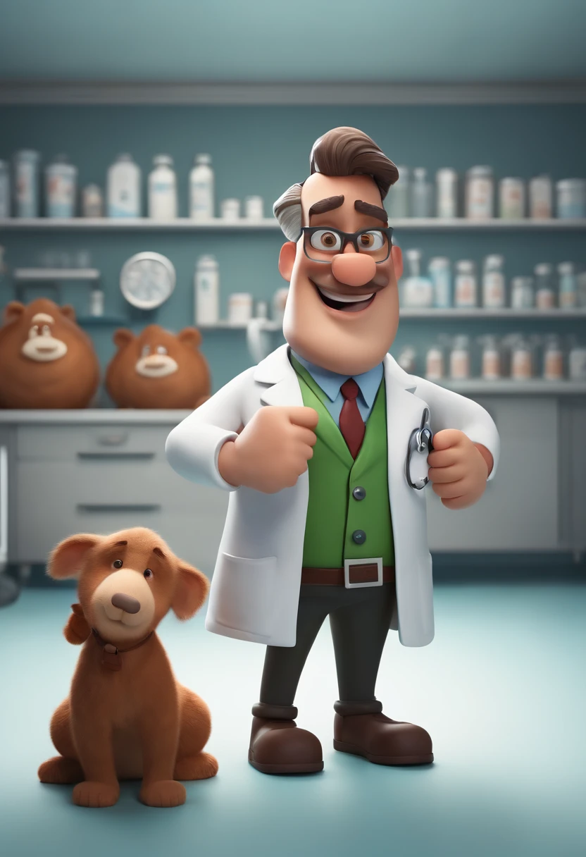 Cartoon character of a man wearing a doctor's lab coat, in an operating room with animals ,um personagem animado, Caractere estilizado, animation style rendering, 3D estilizado, Arnold Maya render, 3 d render stylized, toon render keyshot, Personagem 3D, Personagem 3D, 3d rendering stylized, 3 d character render, personagem de desenho animado, Personagem de close up, Pose de personagem, (Estilo Pixar) (master part:1.2) (Bokeh) (melhor qualidade) (pele detalhada) (textura detalhada) (8k) (argila) (Cinematic lighting) (foco nítido,Senta e vaza a parte superior do corpo