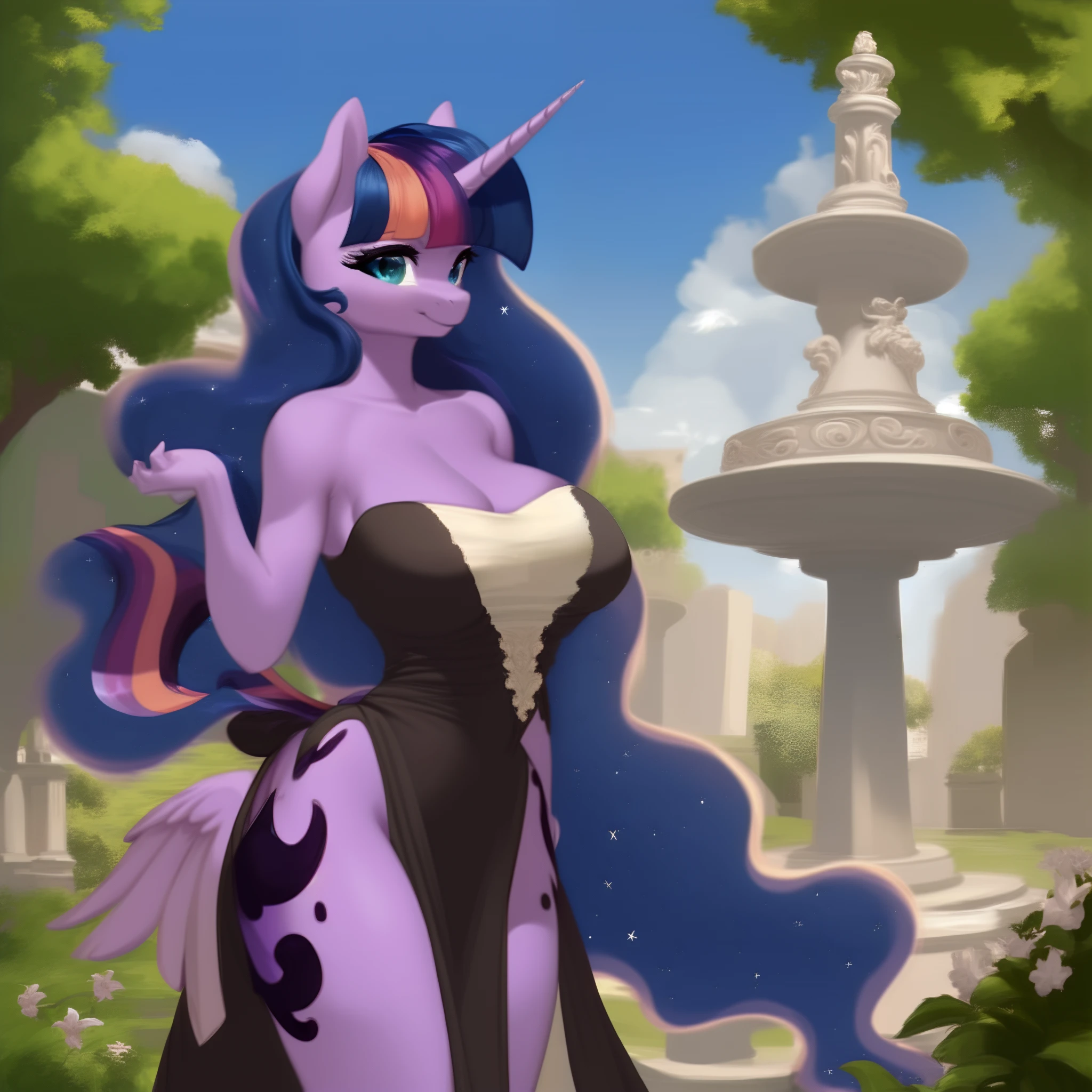 (score_9), (source_pony), (solo), (alicorn), ((anthro princess luna fusion twilight sparkle:1.2)), (librarian dress), facing you, sexy, smiling, sensual, long Messy hair, anatomically correct, night garden, standing near fountain, big breast, half body, anime art style