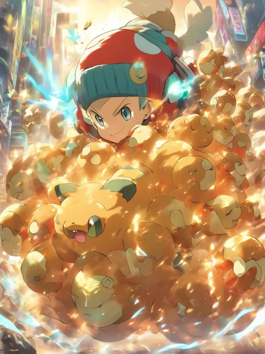 there is a Pokemon character with a red beanie that looks like Bread Bag, pokemon trainer, inspirado em Yugo de Wakfu, inspirado em Ash Ketchum, Akihiko Yoshida!, imagem de anime safebooru, Akiyuki Shinbou, Hidetaka Miyazaki, Yayoi Kasuma, prata, como um personagem de anime, body half biomechanical, Primitive Tribe Accessories!, sozinho!!, (dinamic pose), vento soprando, tecnologia mecha no corpo, Meio Ciborgue, vento soprando, Radial distortion!!, aggressive expression, estilo pokemon, Shōnen style, mecha