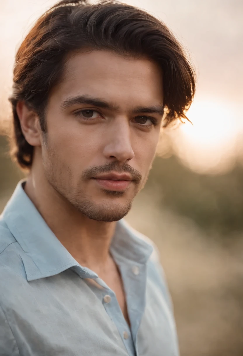 Homen de topete moreno claro, cabelo liso, sobrancelha feita e roupas bonitas