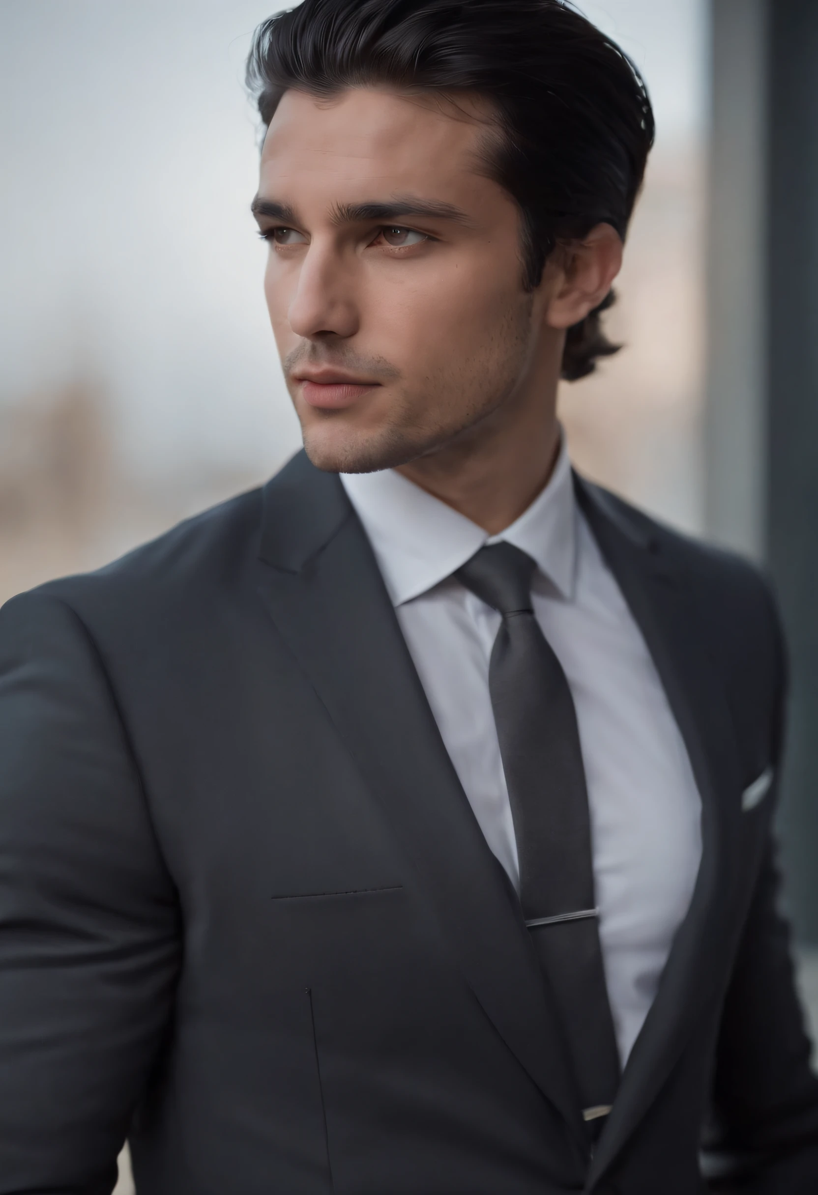 Interesting, 27-year-old athletic man with medium length black hair in business suit boss Hugo