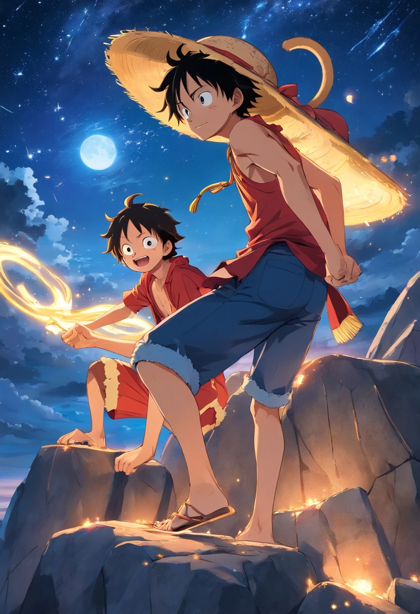 Monkey D Luffy Wano, on top of a large stone, olhando para o horizonte, roupas laranjas, night sky and starry, bright stars in the sky,