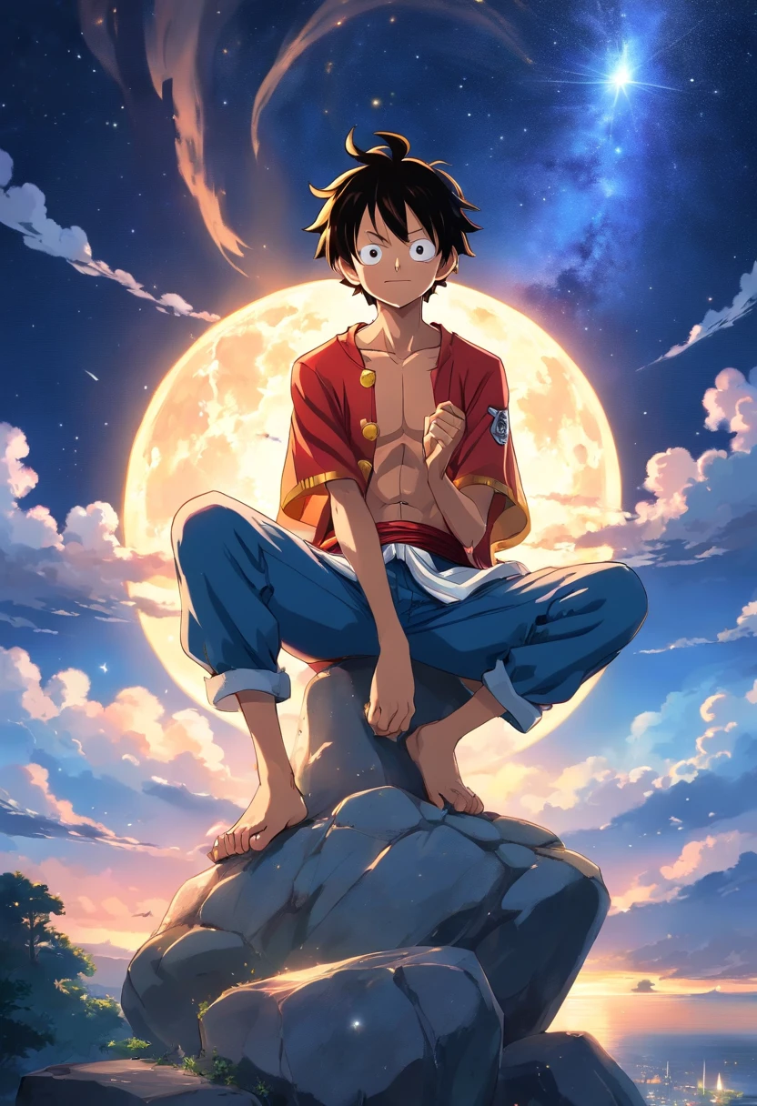 Monkey D Luffy Wano, on top of a large stone, olhando para o horizonte, roupas laranjas, night sky and starry, bright stars in the sky,