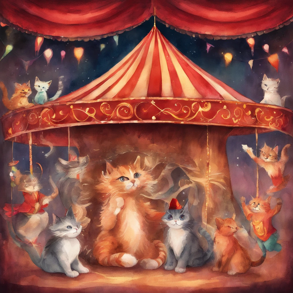 Cat Circus Troupe Fantastic atmosphere Picture book illustrations watercolor paiting Overall, the color is strong red