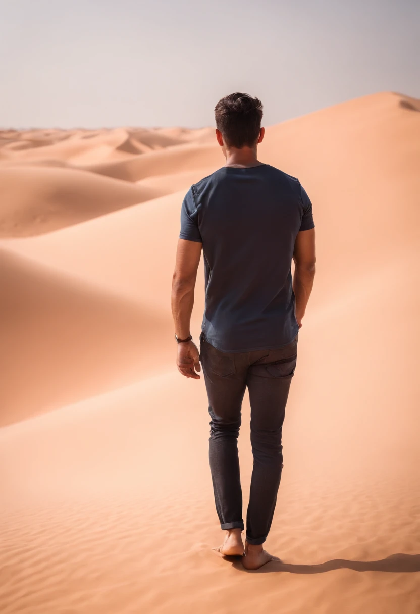 Man walking in the desert, back view, very short black hair, dubai en fond, 50m from the camera, high contrast, couleurs chaudes, ultra realist, highly detailed, complicated, mise au point nette, profondeur de champ, Prise de vue moyenne, Hdr, 8k, (hyperrealism:1.2), (photoreallistic:1.2), prise avec le Canon EOS 5D Mark IV