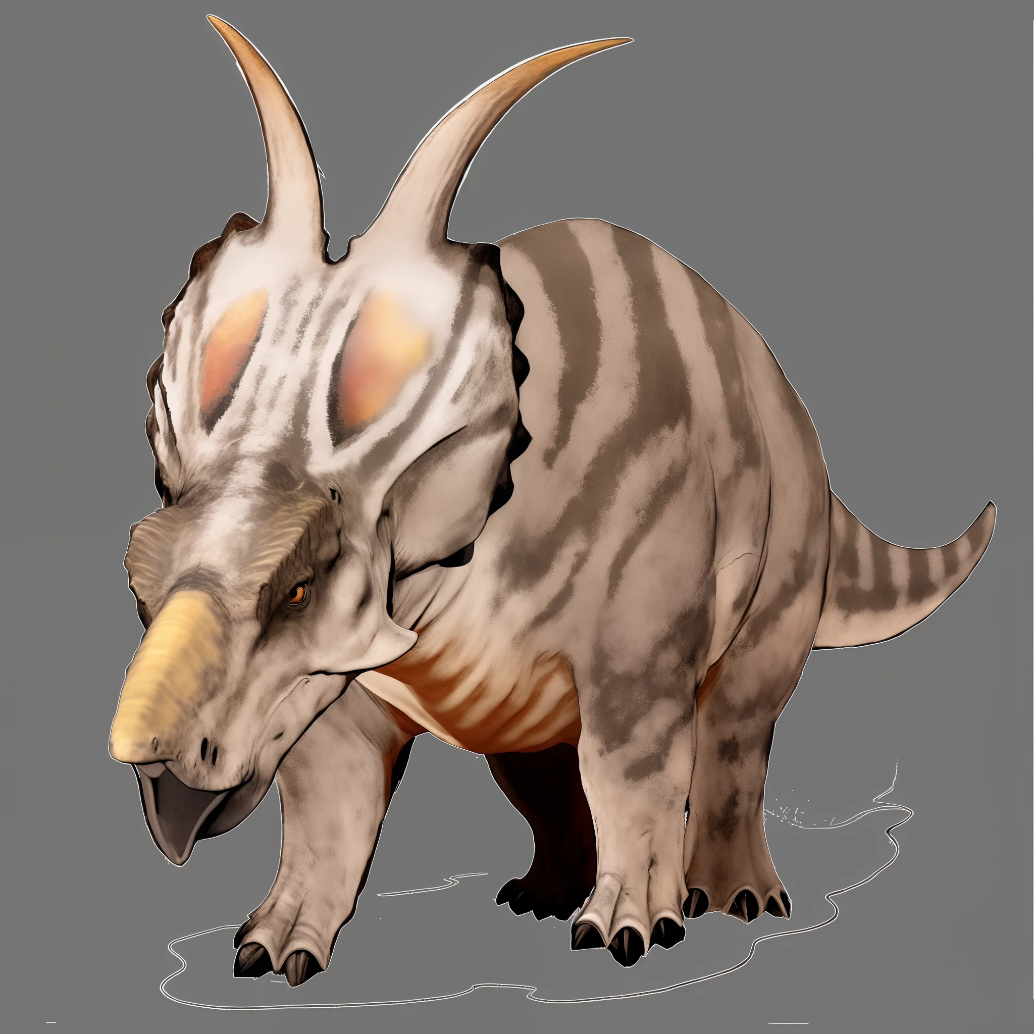 There is a drawing of a triceratops with a long neck, triceratops, Realistic creature concept, dinosaur, carnivore dinosaur, A high resolution, Official concept art, sauroform hybrid, jurassic, raptors, an illustration of, full-colour illustration, inspired by Bob Eggleton, nachosaurus, full body dragon concept, Bio-design Achelousaurus ( /əˌkiːloʊˈsɔːrəs, ˌækɪˌloʊəˈsɔːrəs/[1]) is a genus of centrosaurine ceratopsid dinosaur that lived during the Late Cretaceous Period of what is now North America, about 74.2 million years ago. The first fossils of Achelousaurus were collected in Montana in 1987, by a team led by Jack Horner, with more finds made in 1989. In 1994, Achelousaurus horneri was described and named by Scott D. Sampson; the generic name means "Achelous lizard", in reference to the Greek deity Achelous, and the specific name refers to Horner. The genus is known from a few specimens consisting mainly of skull material from individuals, ranging from juveniles to adults.

A large centrosaurine, Achelousaurus supposedly was about 6 m (20 ft) long, with a weight of about 3 t (3.3 short tons). As a ceratopsian, it walked on all fours, had a short tail and a large head with a hooked beak. It had a bony neck-frill at the rear of the skull, which sported a pair of long spikes, which curved towards the outside. Adult Achelousaurus had rough bosses (roundish protuberances) above the eyes and on the snout where other centrosaurines often had horns in the same positions. These bosses were covered by a thick layer of keratin, but their exact shape in life is uncertain. Some researchers hypothesize that the bosses were used in fights, with the animals butting each other's heads, as well as for display.