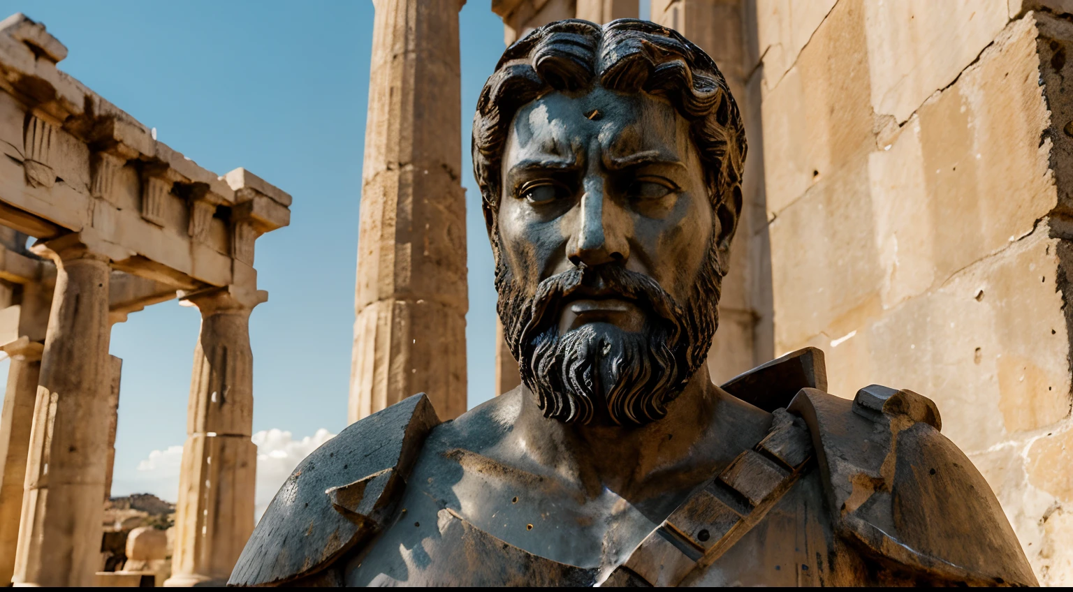 Ancient Stoic Statue With Very Angry Expression, tem barba, muitos detalhes em ambos os olhos, Outside, fundo atenas grego, open sky, com rosto extremamente detalhado full body view, Colors with low saturation with dark tone, Filmado em Sony A7S III com Sony FE 35mm f/1.8, 12.1 MP, --AR 3:2 --estilo cru