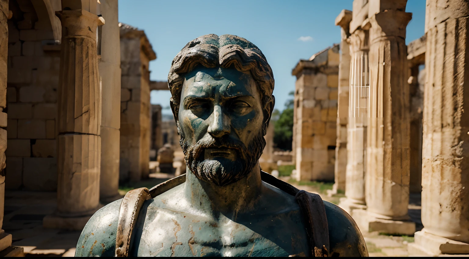 Ancient Stoic Statue With Very Angry Expression, tem barba, muitos detalhes em ambos os olhos, Outside, fundo atenas grego, open sky, com rosto extremamente detalhado full body view, Colors with low saturation with dark tone, Filmado em Sony A7S III com Sony FE 35mm f/1.8, 12.1 MP, --AR 3:2 --estilo cru