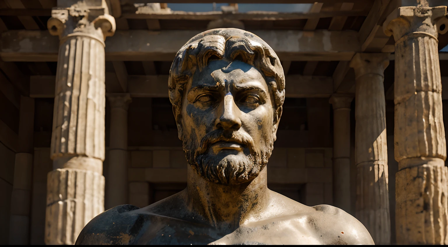 Ancient Stoic Statue With Very Angry Expression, tem barba, muitos detalhes em ambos os olhos, Outside, fundo atenas grego, open sky, com rosto extremamente detalhado full body view, Colors with low saturation with dark tone, Filmado em Sony A7S III com Sony FE 35mm f/1.8, 12.1 MP, --AR 3:2 --estilo cru