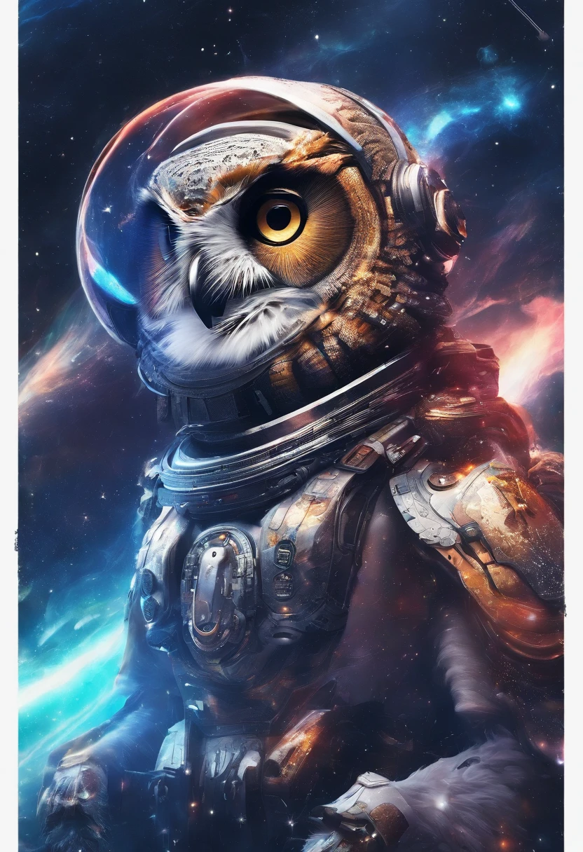 The owl wears a space helmet,Fly over the water,inverted image,Sharp focus,Bokeh,depth of fields,Works of masters,super-fine,Hyper-realistic,8K,Best picture quality,Detailed description,电影灯光,cinematic perspective