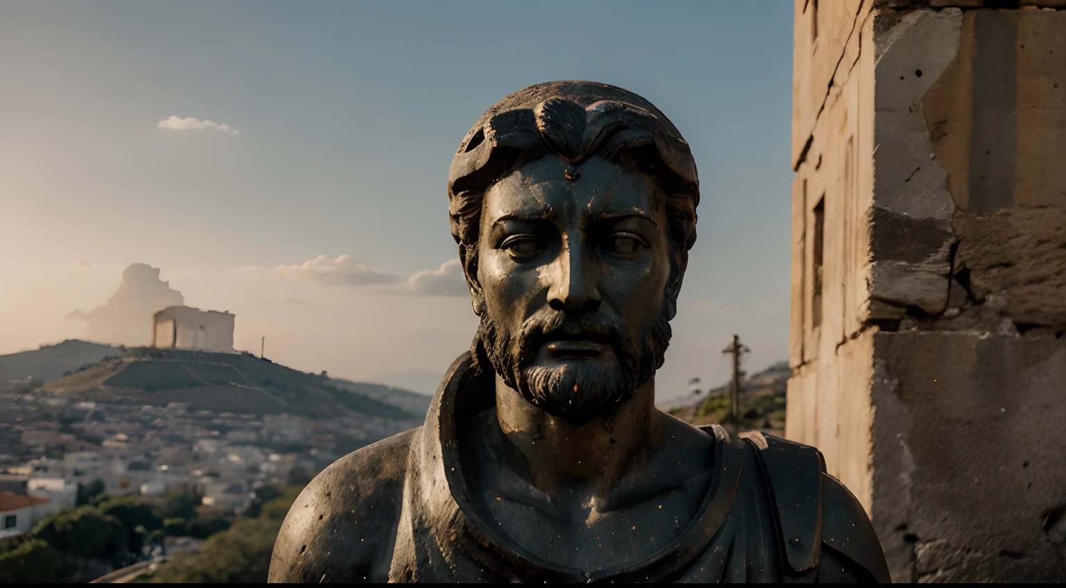 Ancient Stoic Statue With Very Angry Expression, tem barba, muitos detalhes em ambos os olhos, Outside, fundo atenas grego, open sky, com rosto extremamente detalhado full body view, Colors with low saturation with dark tone, Filmado em Sony A7S III com Sony FE 35mm f/1.8, 12.1 MP, --AR 3:2 --estilo cru