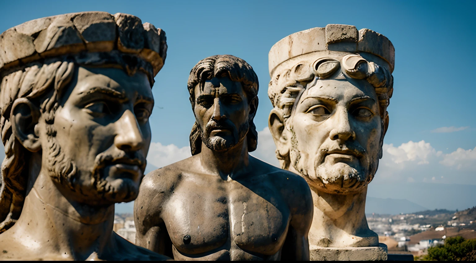 Ancient Stoic Statue With Very Angry Expression, tem barba, muitos detalhes em ambos os olhos, Outside, fundo atenas grego, open sky, com rosto extremamente detalhado full body view, Colors with low saturation with dark tone, Filmado em Sony A7S III com Sony FE 35mm f/1.8, 12.1 MP, --AR 3:2 --estilo cru