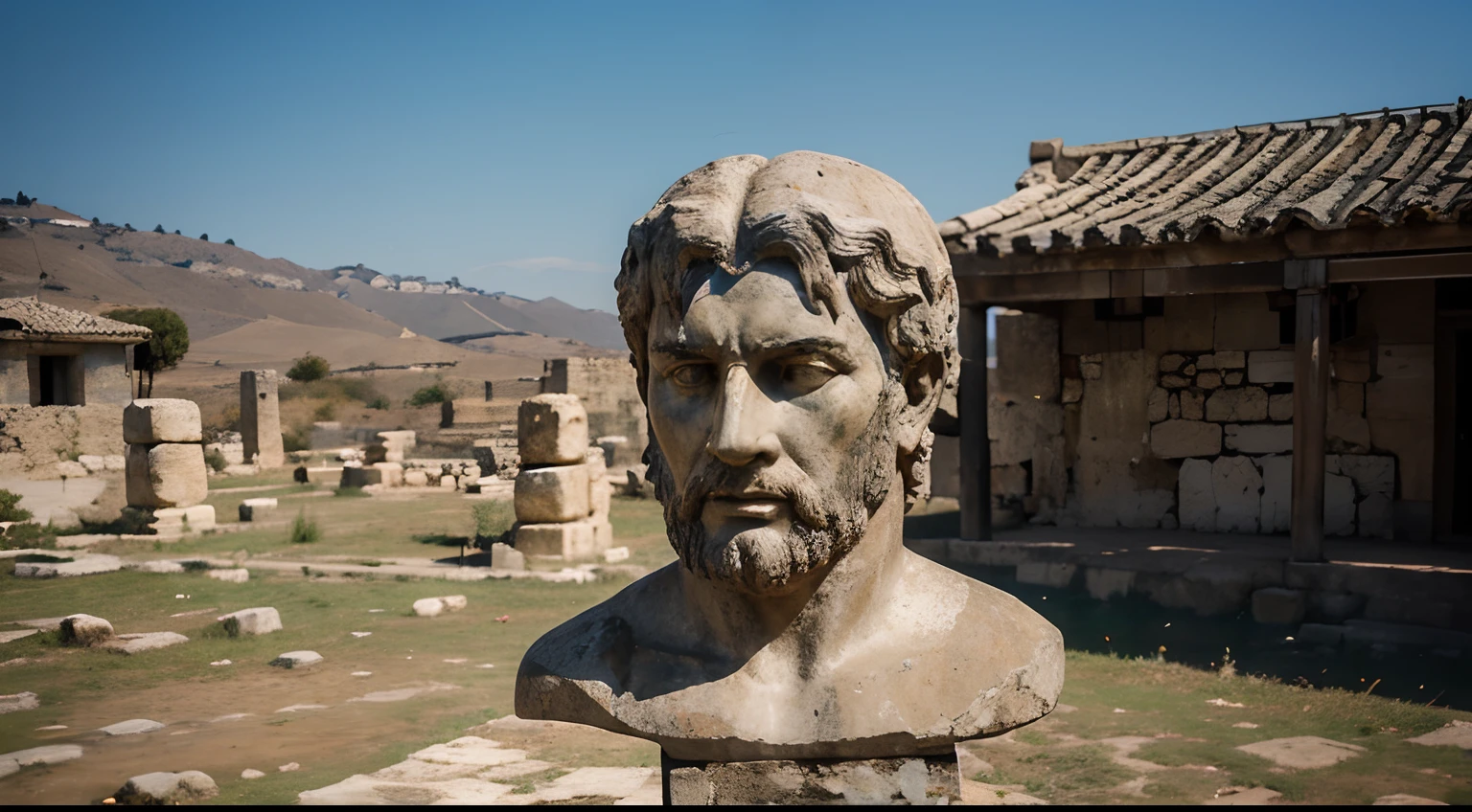 Ancient Stoic Statue With Very Angry Expression, tem barba, muitos detalhes em ambos os olhos, Outside, fundo atenas grego, open sky, com rosto extremamente detalhado full body view, Colors with low saturation with dark tone, Filmado em Sony A7S III com Sony FE 35mm f/1.8, 12.1 MP, --AR 3:2 --estilo cru