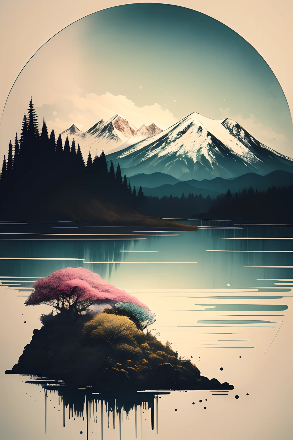 Circular design for a T-shirt, circular frame, (La mejor calidad,4k,8k,Altas Resoluciones,Obra maestra:1.2),Ultra detallado,(realista,fotorrealista,fotorrealista:1.37),fondo blanco,paisaje,tinta,Mountains,Agua,trees,colorful trees,Rounding the Boundaries of the Drawing,Paisaje,Tonos de color suaves,Soft lighting