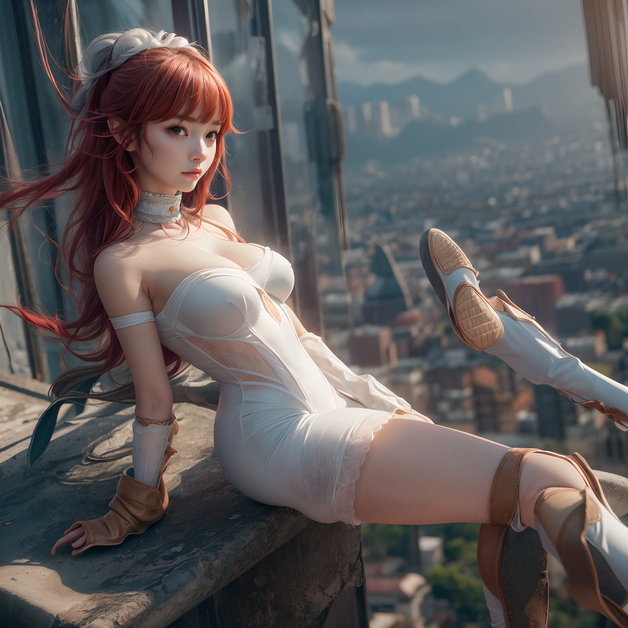 (SFW, NSFW_STILL_SHOW), Oppai-Loli、((wide-angle, Flying Magic、Floating hair、Floating in the air, Curved horizon, Overlooking a city eroded by the jungle,Above the city)), { (Mystic sight)| best quality | 8k | clear |focused } (Masterpiece:1.2, photo-realistic:1.37)、{ Soft Lighting with many Follow lights | smooth shading }、(Detailed KAWAII Face)、{(Childish)|(Gigantic Cleavage)}、{ ((facing back))| ((Full Body:1.2)) | ((Ass focus)) }、Detailed open crotch、(Detailed glistening ivory skin)、extremely detailed, { Transparent Veil | Red Leather High Collar | Red Long Boots | rubber sole | Random hair color }、((cor perfect anatomy, no missing limbs, no extra limbs, rubber sole)), { correct legs, | correct hand | correct fingers | feminine hands | perfect anatomy | no missing limbs |no extra limbs }, ((rubber sole)),